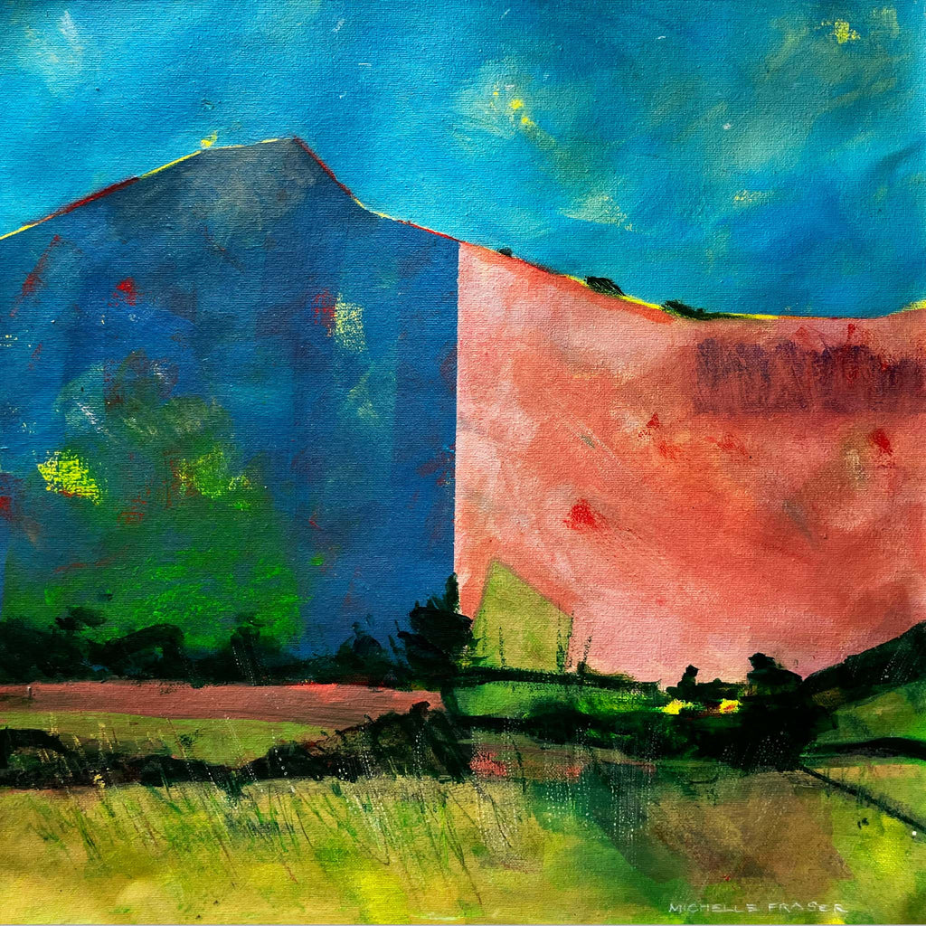 Abstract landscape, Acrylic Painting, Framed 100+ yr old oak handmade frame. 