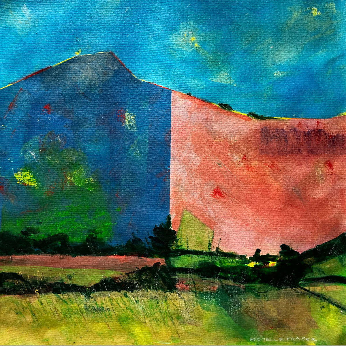 Abstract landscape, Acrylic Painting, Framed 100+ yr old oak handmade frame. 