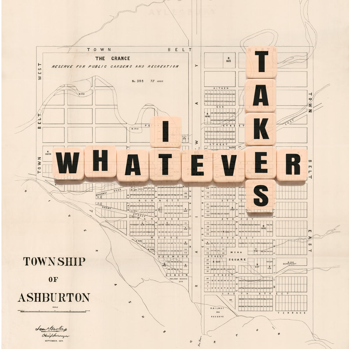 Whatever it takes Ltd. Ed. Giclée map print of Ashburton, Canterbury New Zealand v01 – toptownz