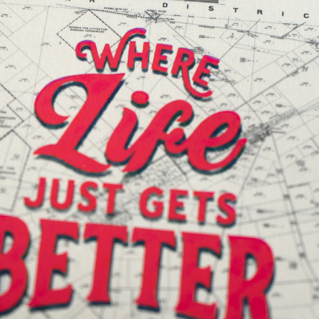Where life just gets better  Giclée map print of Ashburton, Canterbury New Zealand  v02 – toptownz