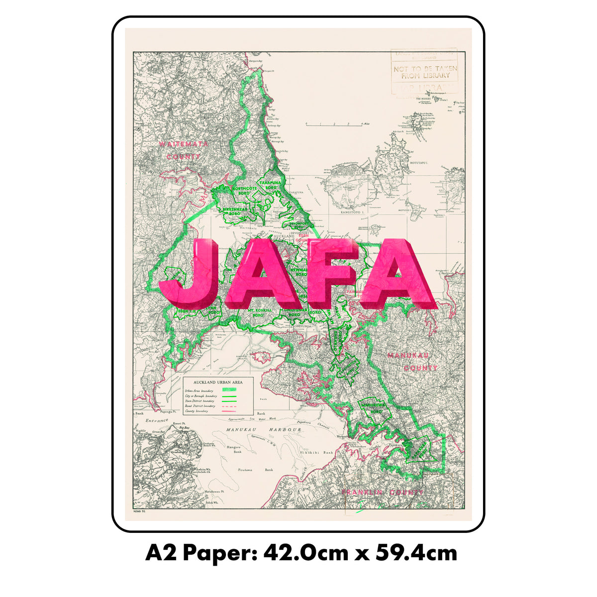 JAFA Limited Edition Giclée map print of Auckland NZ v03 – toptownz