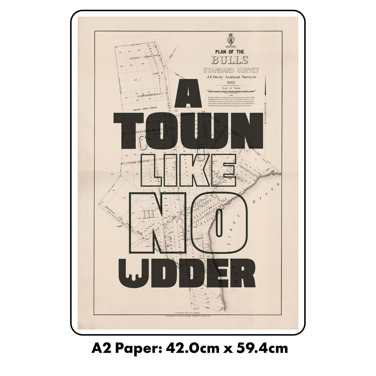 A town like no udder Limited edition Giclée map print of Bulls, Manawatū NZ – toptownz
