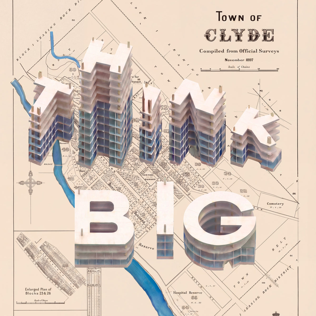 Think Big Limited Ed.Giclée map print of Clyde, Otago NZ v01 – toptownz