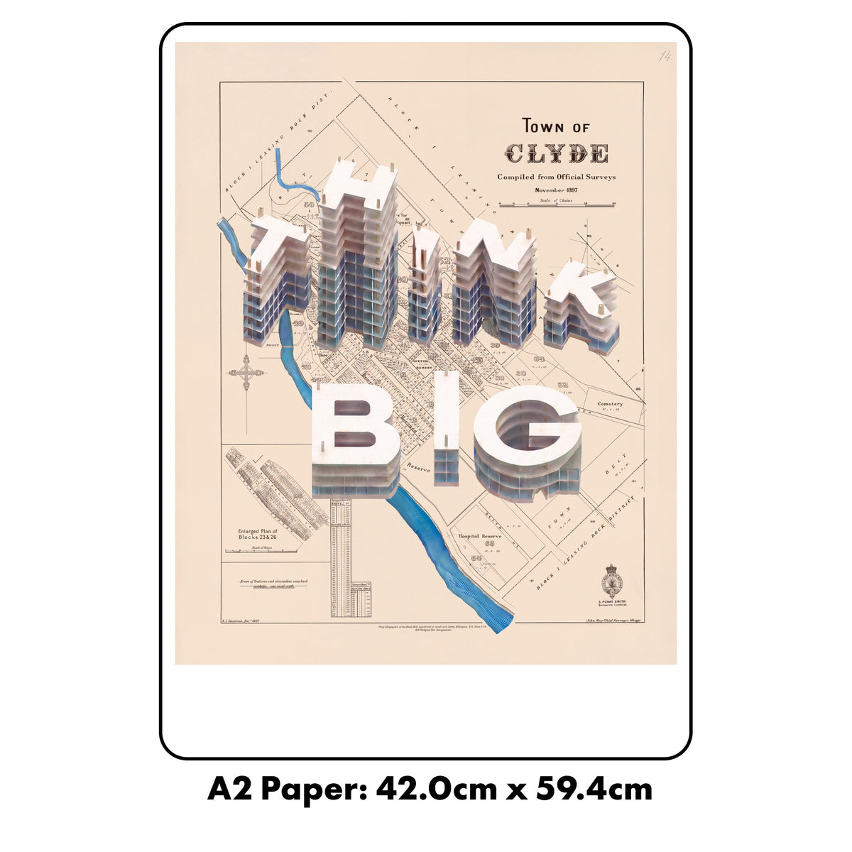 Think Big Limited Ed.Giclée map print of Clyde, Otago NZ v01 – toptownz