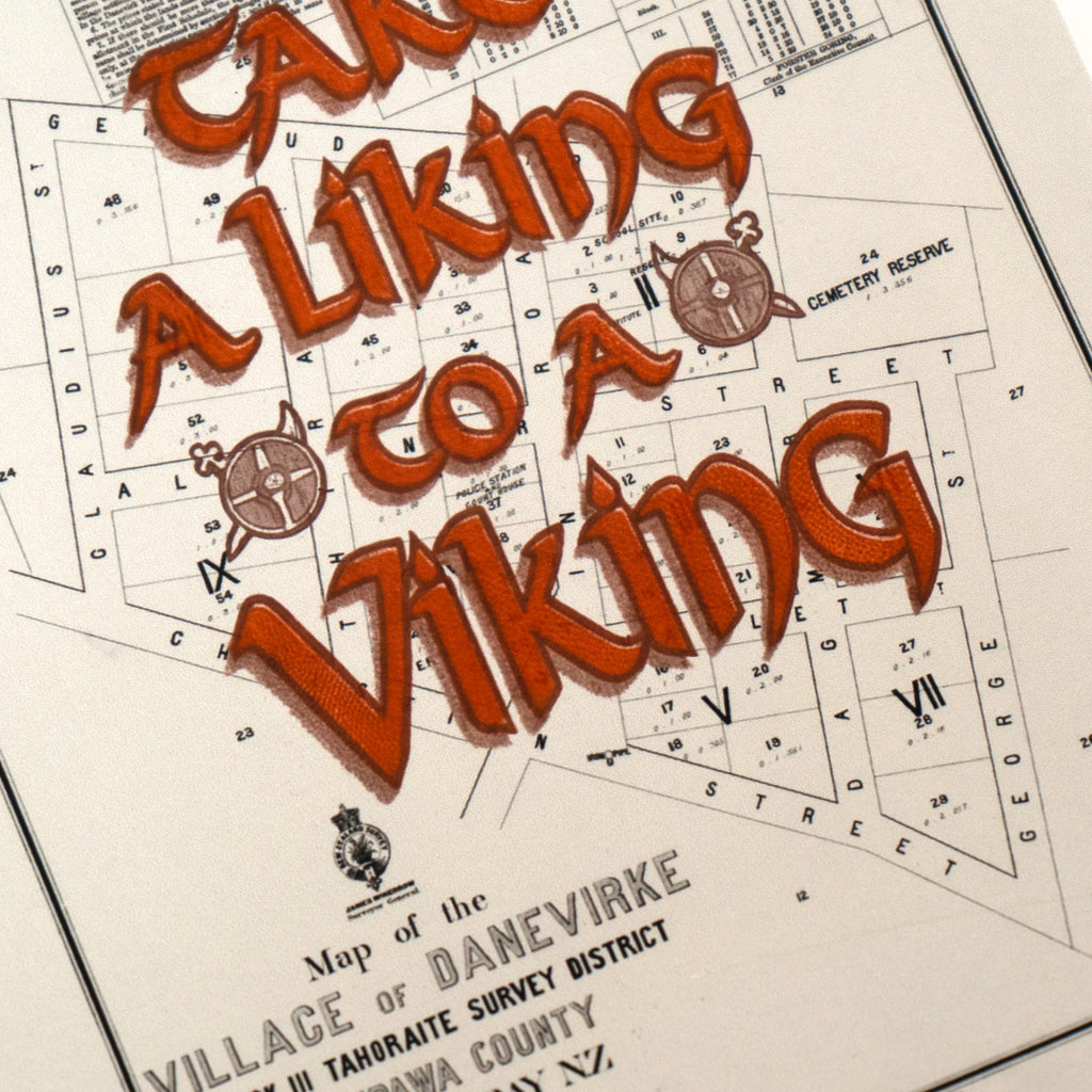 TAKE A LIKING TO A VIKING  Giclée map print of Dannevirke, Hawke's Bay New Zealand v01 – toptownz town slogans