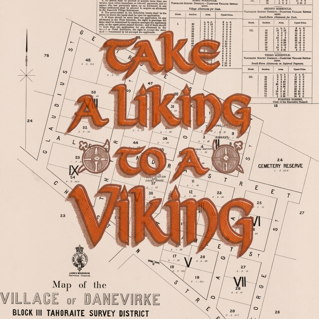 TAKE A LIKING TO A VIKING  Giclée map print of Dannevirke, Hawke's Bay New Zealand v01 – toptownz town slogans