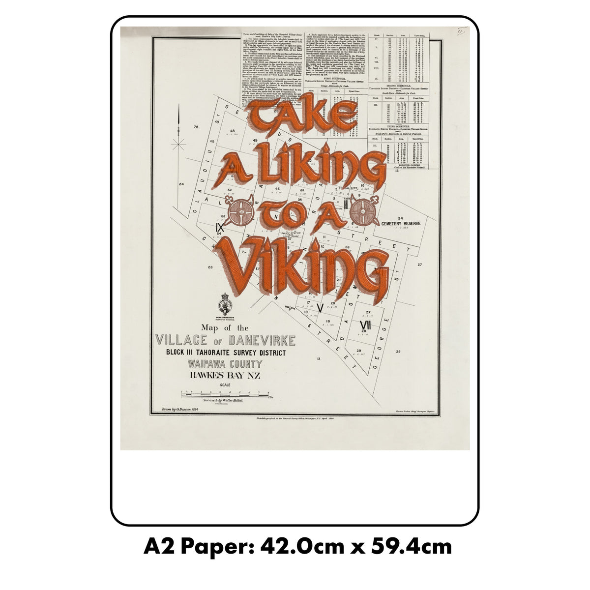 TAKE A LIKING TO A VIKING  Giclée map print of Dannevirke, Hawke's Bay New Zealand v01 – toptownz town slogans