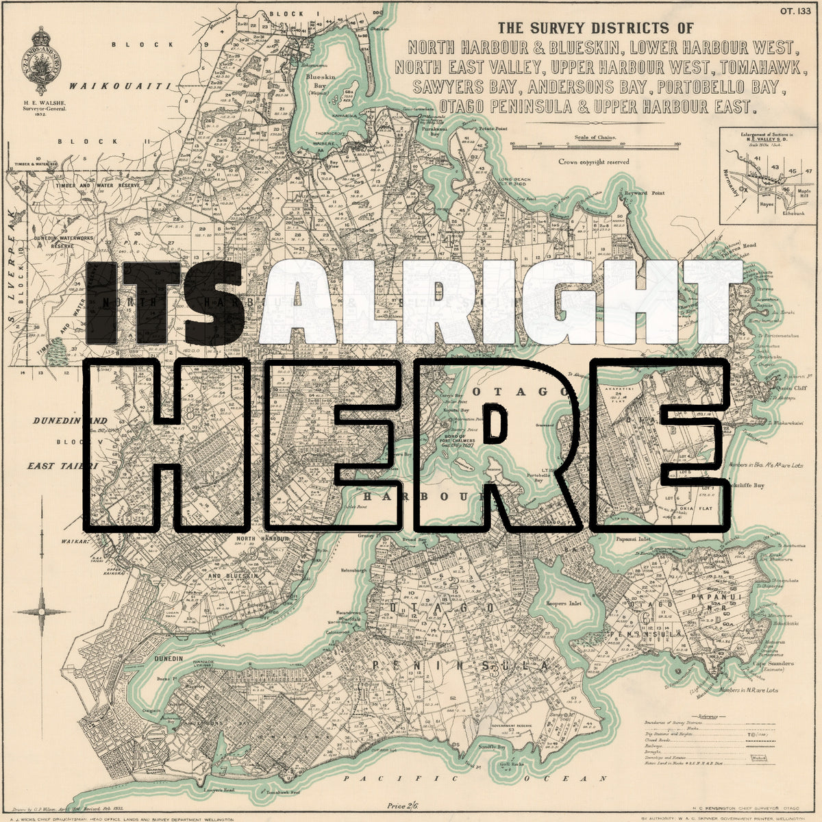 'It's alright here' Limited edition Giclée map print of Dunedin, Otago NZ v03 – toptownz