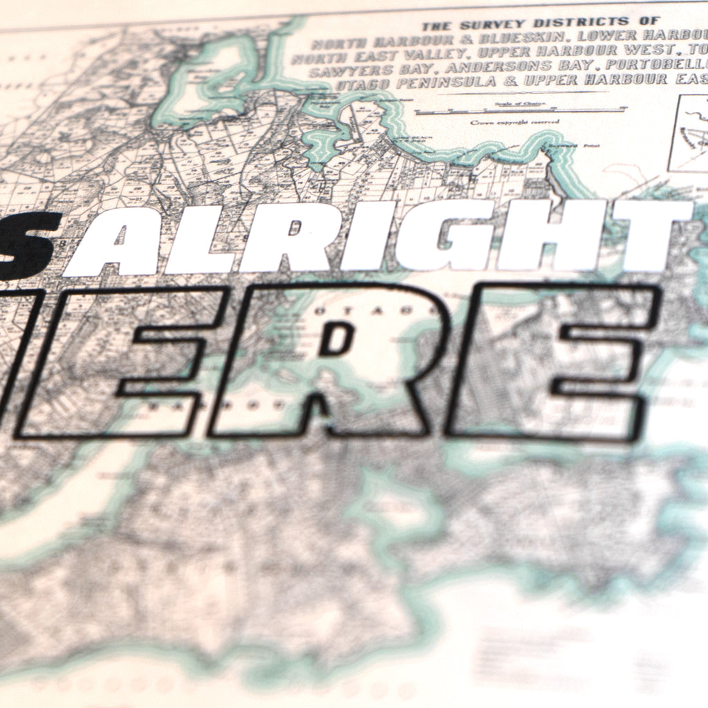 'It's alright here' Limited edition Giclée map print of Dunedin, Otago NZ v03 – toptownz