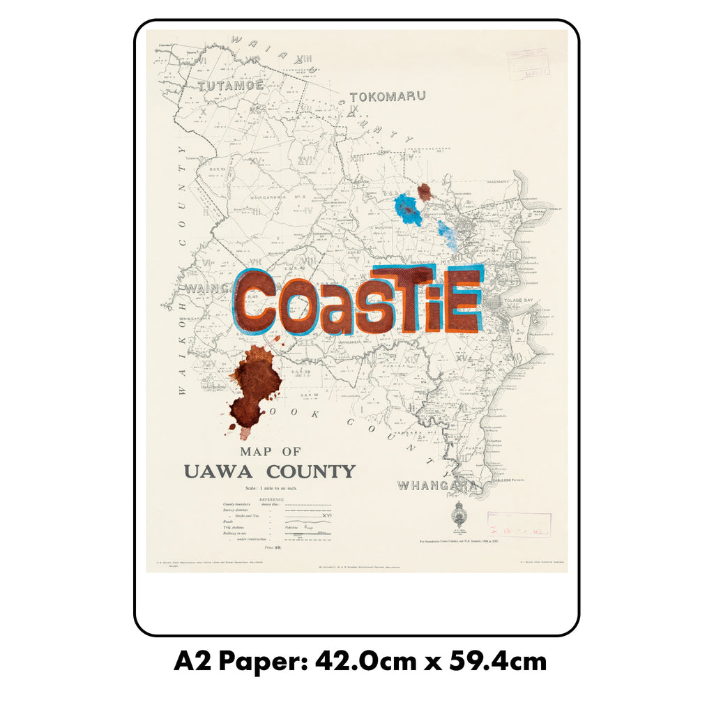 Coastie Ltd. Ed.  Giclée map print of UAWA, the East Coast, NZ – toptownz Slogans 