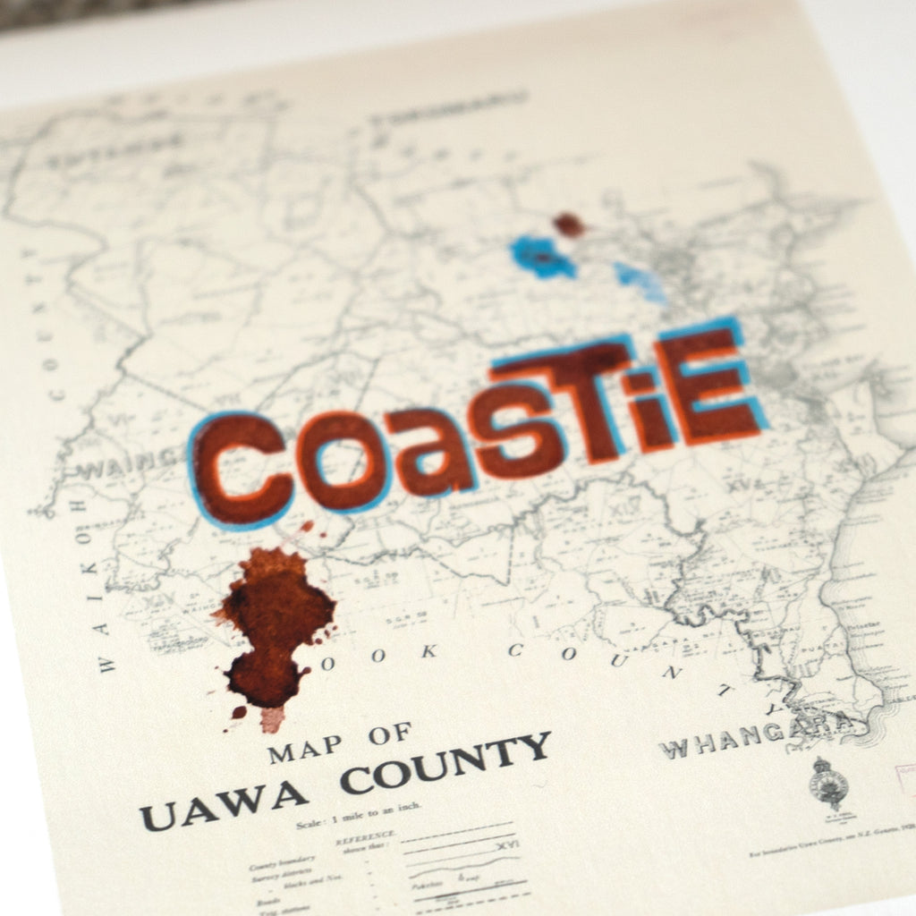Coastie Ltd. Ed.  Giclée map print of UAWA, the East Coast, NZ – toptownz Slogans 