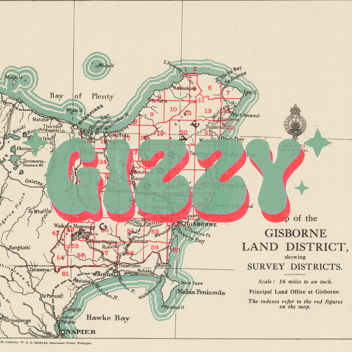 Limited edition Giclée map print of Gisborne, NZ v02 – toptownz