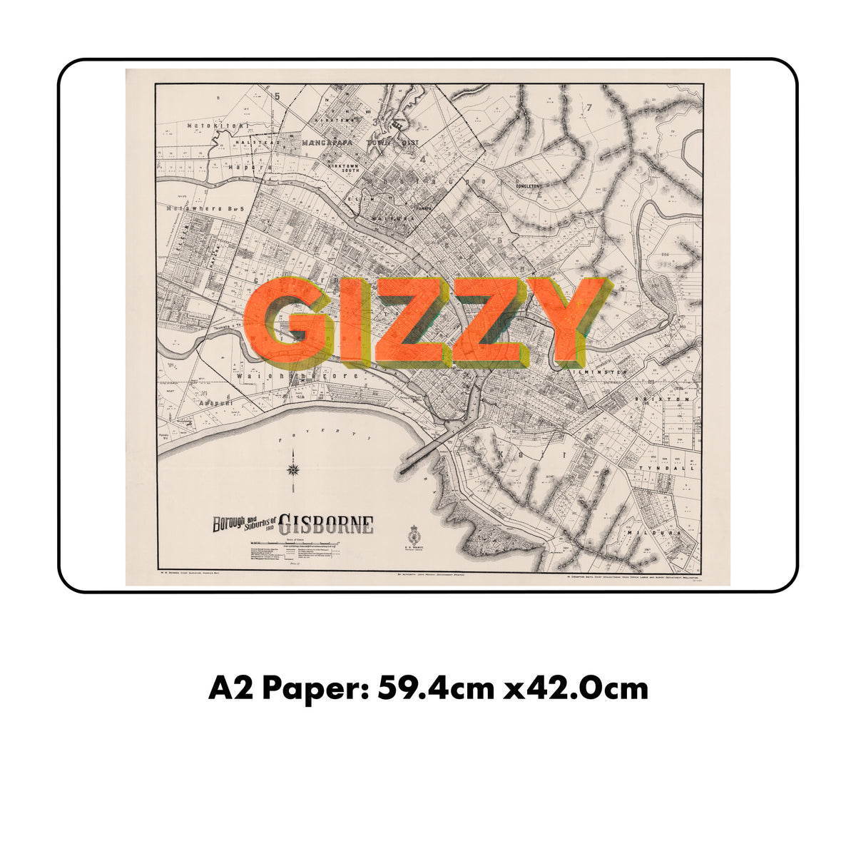 GIZZY Limited edition  Giclée map print of Gisborne, NZ v01 – toptownz