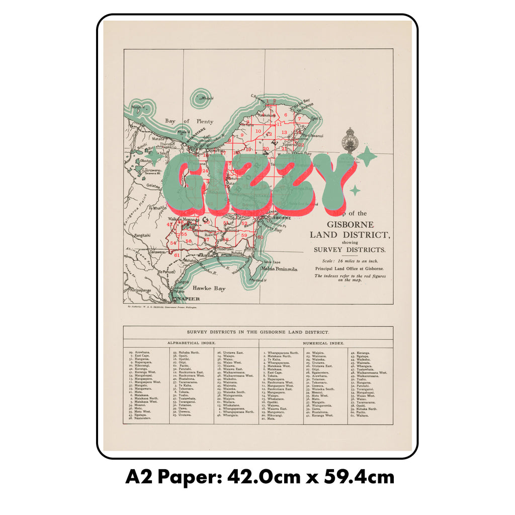 Limited edition Giclée map print of Gisborne, NZ v02 – toptownz