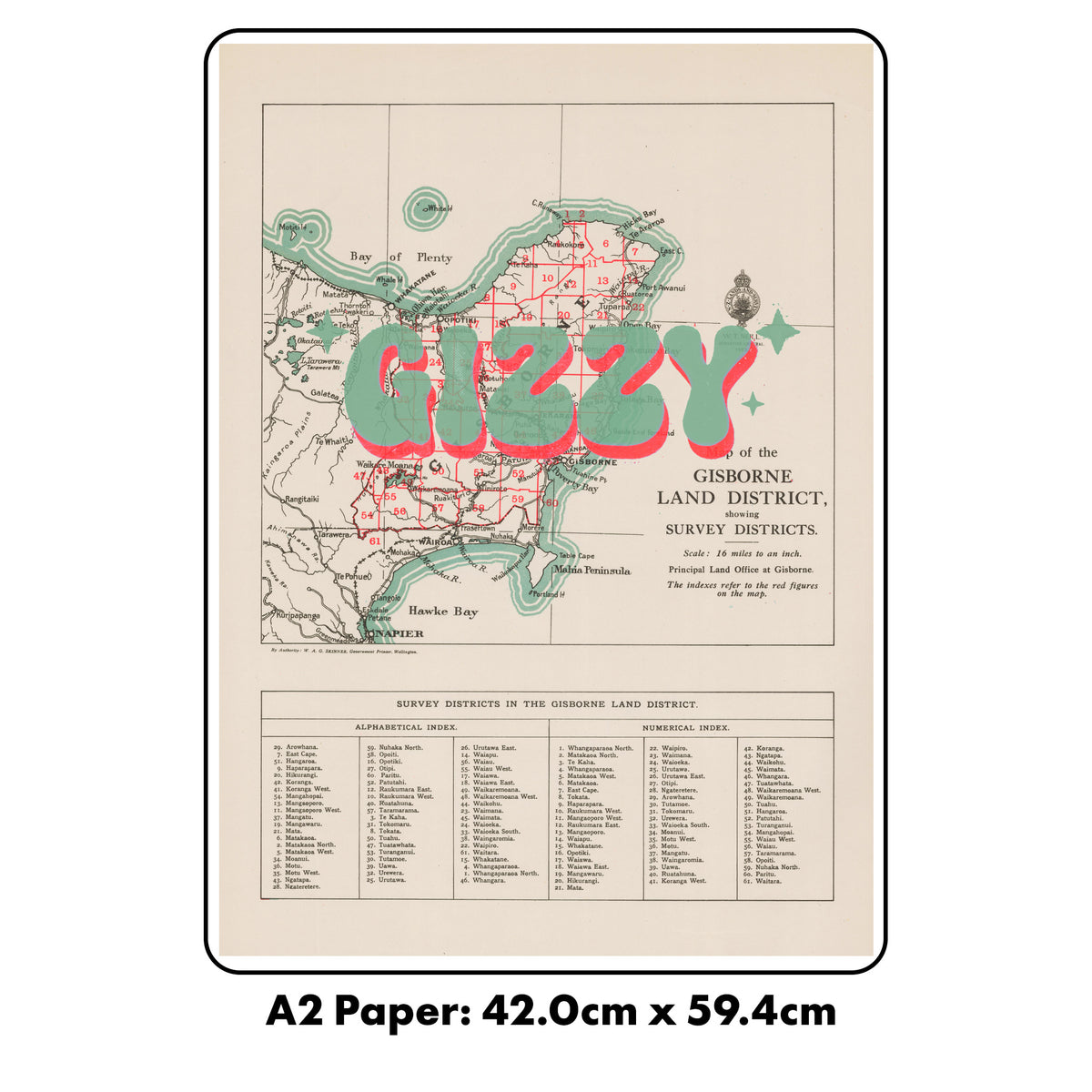 Limited edition Giclée map print of Gisborne, NZ v02 – toptownz