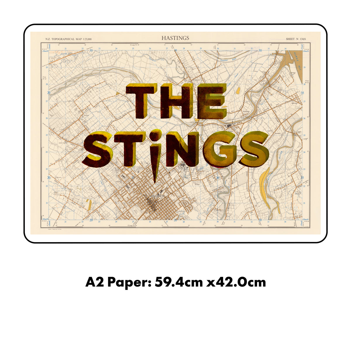 The Stings - Limited edition Giclée map print of Hastings, Hawke's Bay NZ v01 – toptownz