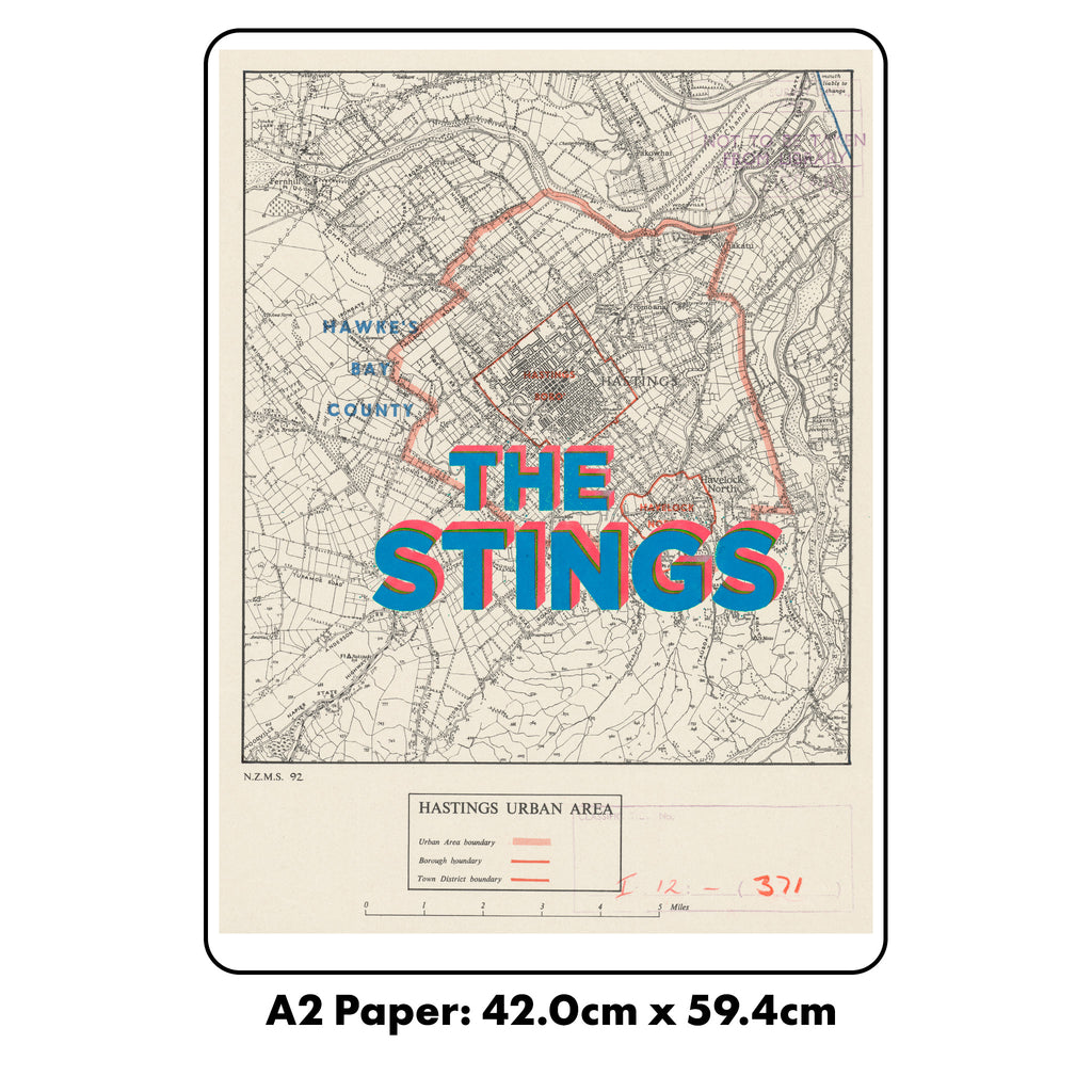 The Stings - Limited edition Giclée map print of Hastings, Hawke's Bay NZ v02 – toptownz