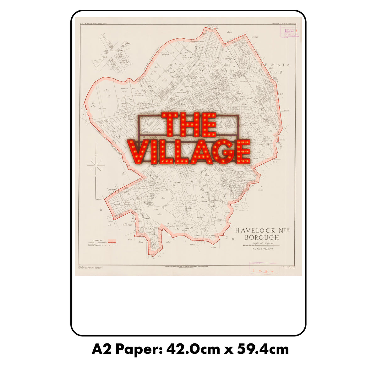 Limited edition A2 Giclée map print of Havelock North, Hawke's Bay NZ v01 – toptownz