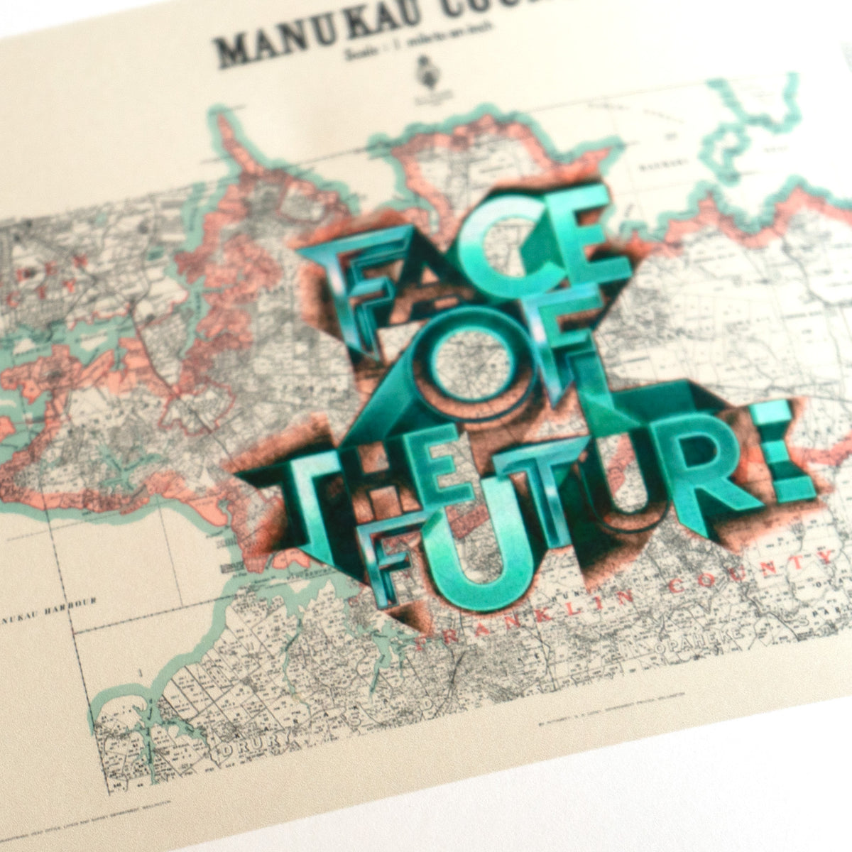 Face of the Future Ltd. Ed. Giclée map print of Manukau City, South Auckland NZ – toptownz Town Slogans