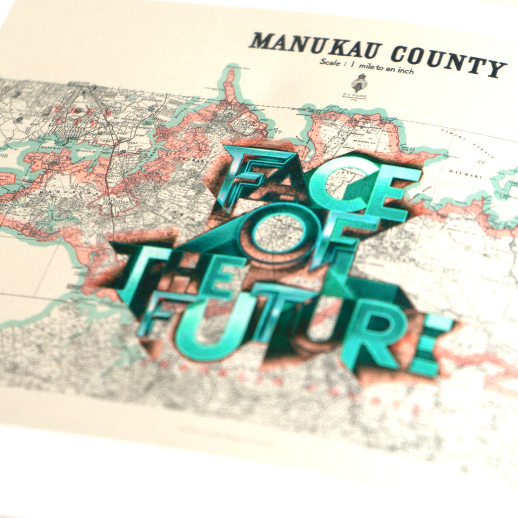 Face of the Future Ltd. Ed. Giclée map print of Manukau City, South Auckland NZ – toptownz Town Slogans