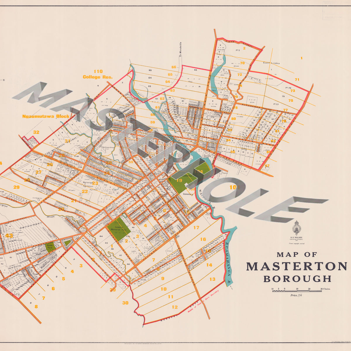 MASTERHOLE Ltd. Ed.  Giclée map print of Masterton, Wairarapa New Zealand – toptownz Moniker