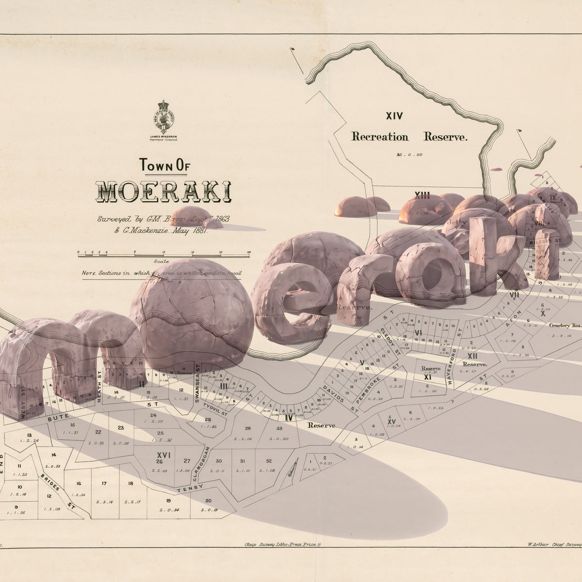 Ltd. Ed Giclée Map print of Moeraki, Otago New Zealand  – toptownz Moeraki Boulders 