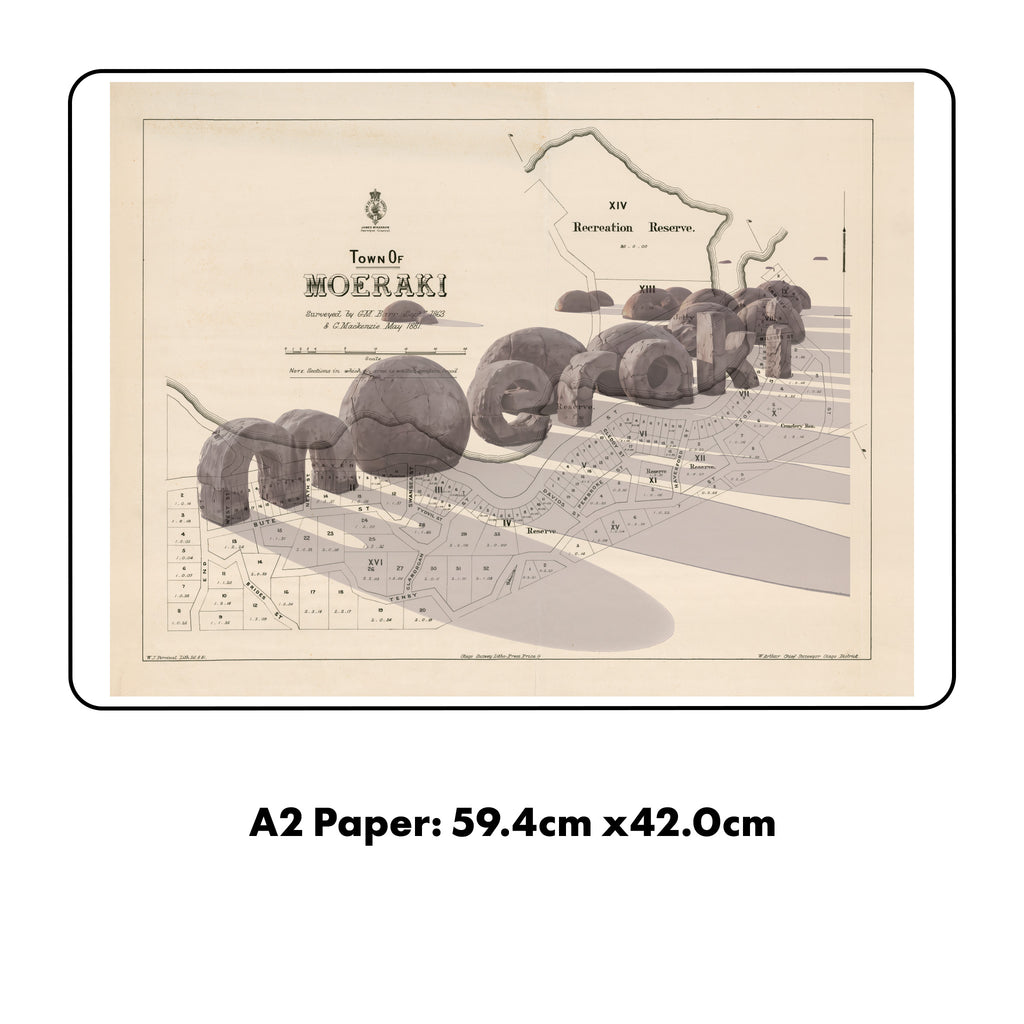 Ltd. Ed Giclée Map print of Moeraki, Otago New Zealand  – toptownz Moeraki Boulders 