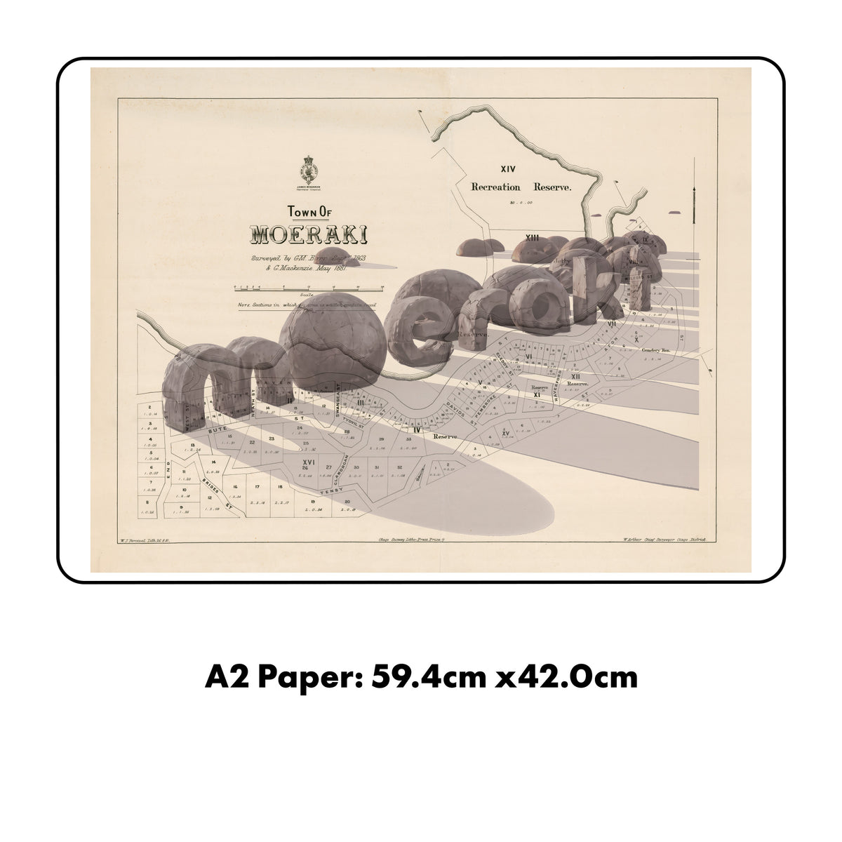 Ltd. Ed Giclée Map print of Moeraki, Otago New Zealand  – toptownz Moeraki Boulders 