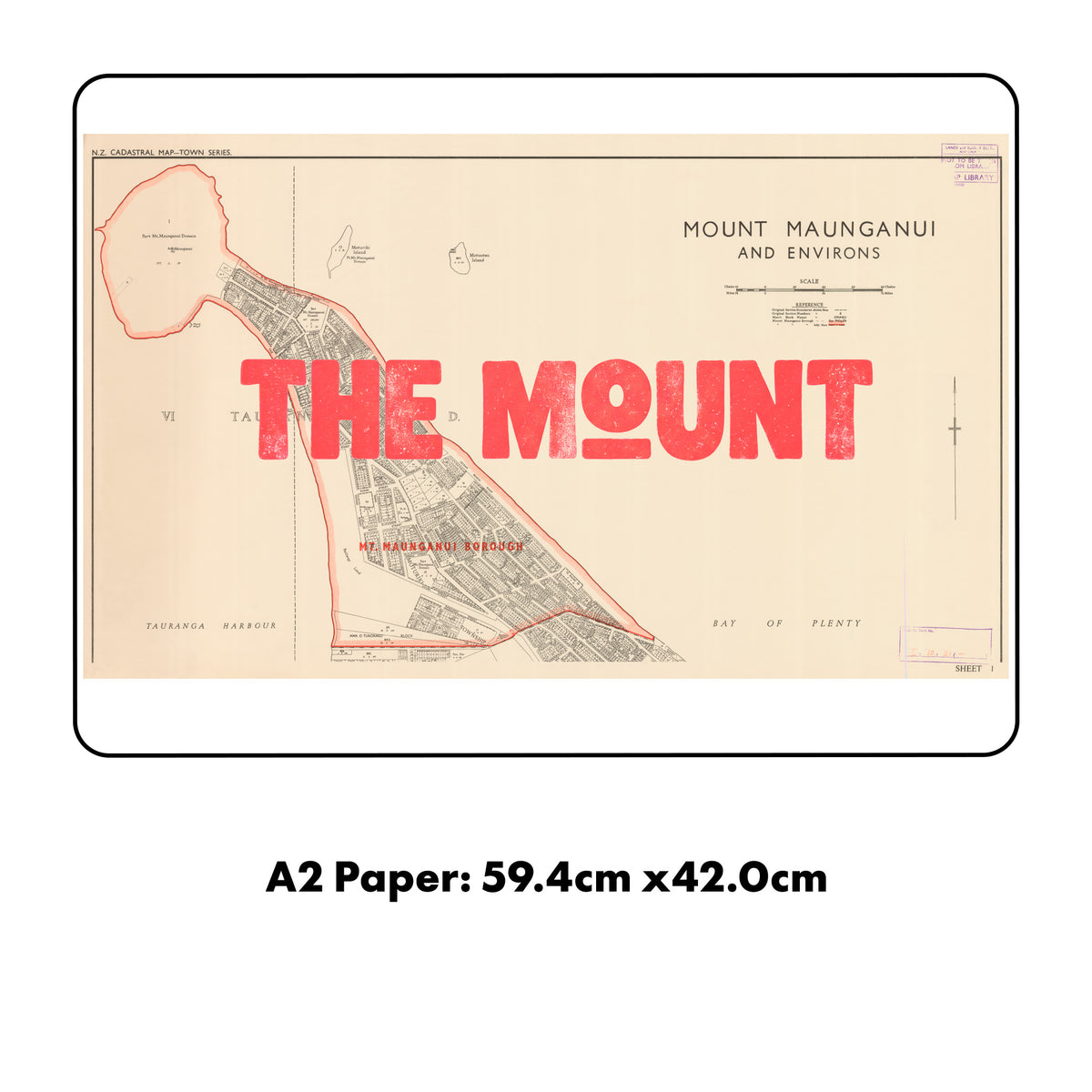 The Mount Limited edition  Giclée map print of Mount Maunganui, Bay of Plenty NZ – toptownz