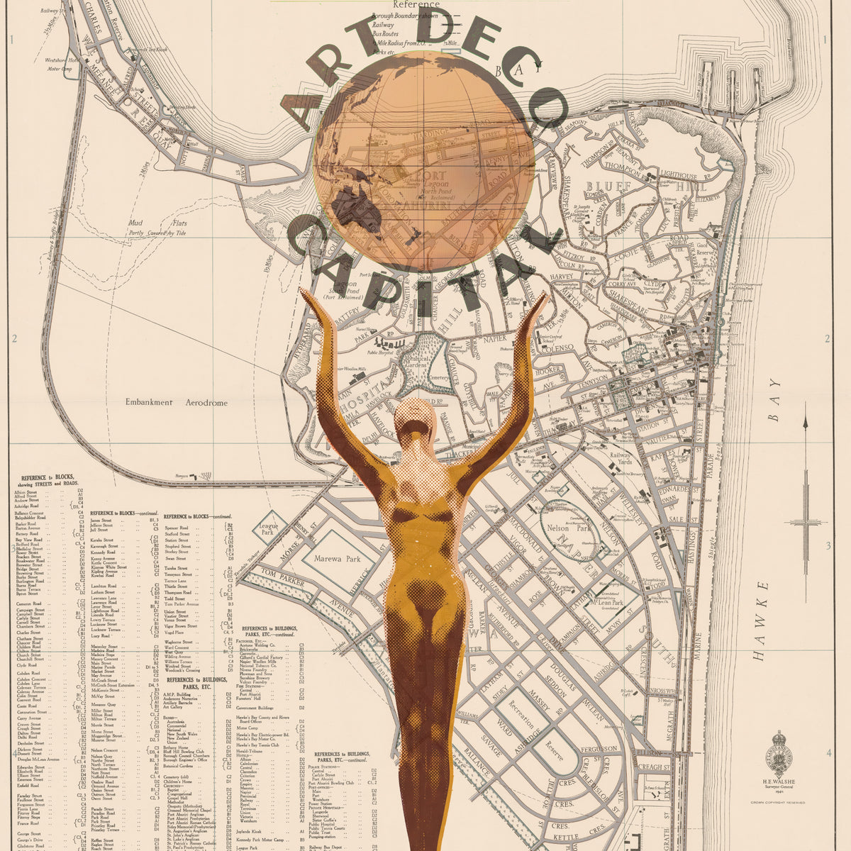 Art Deco Capital of the world Ltd. Ed.  Giclée map print of Napier, Hawke's Bay New Zealand v01 – toptownz town slogans 