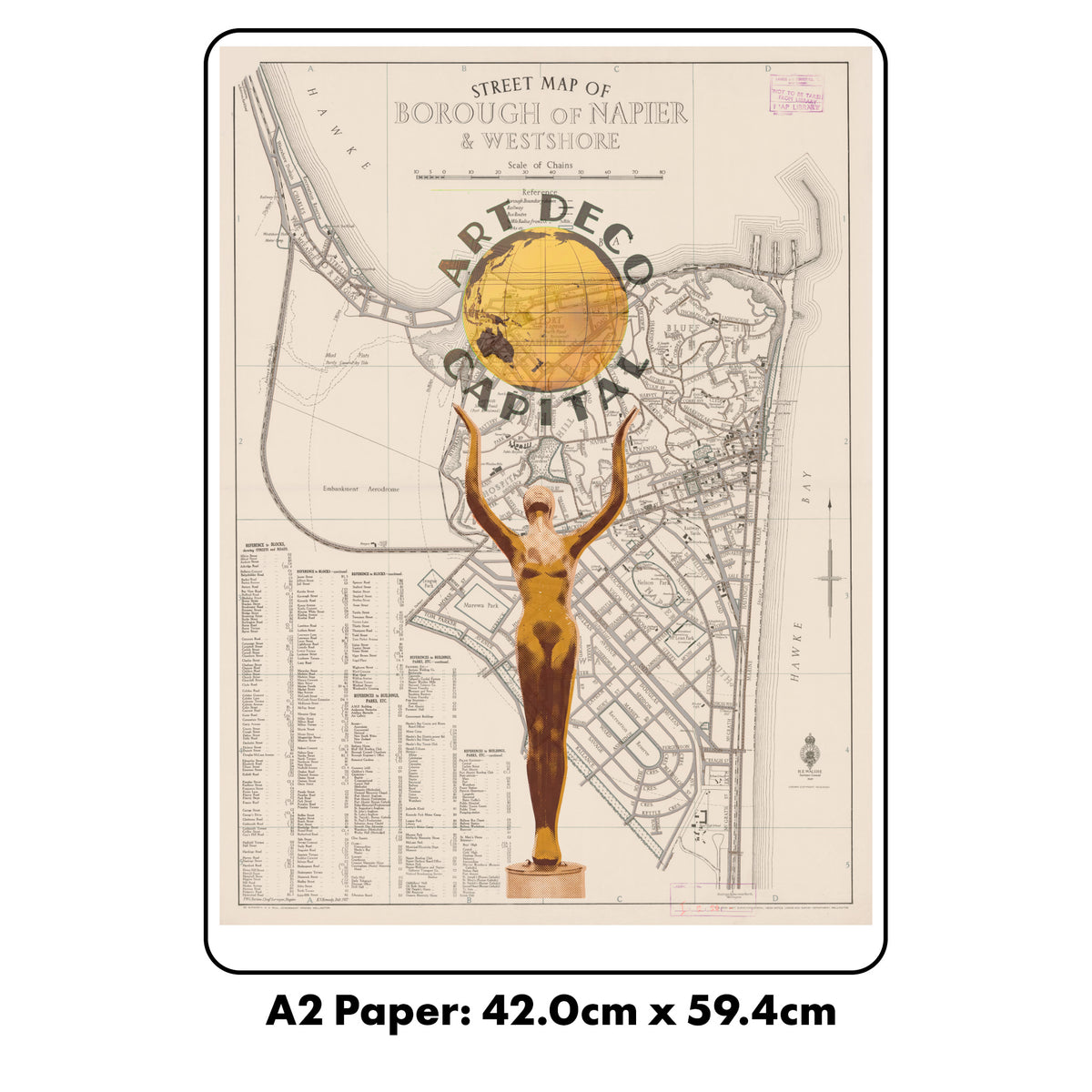 Art Deco Capital of the world Ltd. Ed.  Giclée map print of Napier, Hawke's Bay New Zealand v01 – toptownz town slogans 