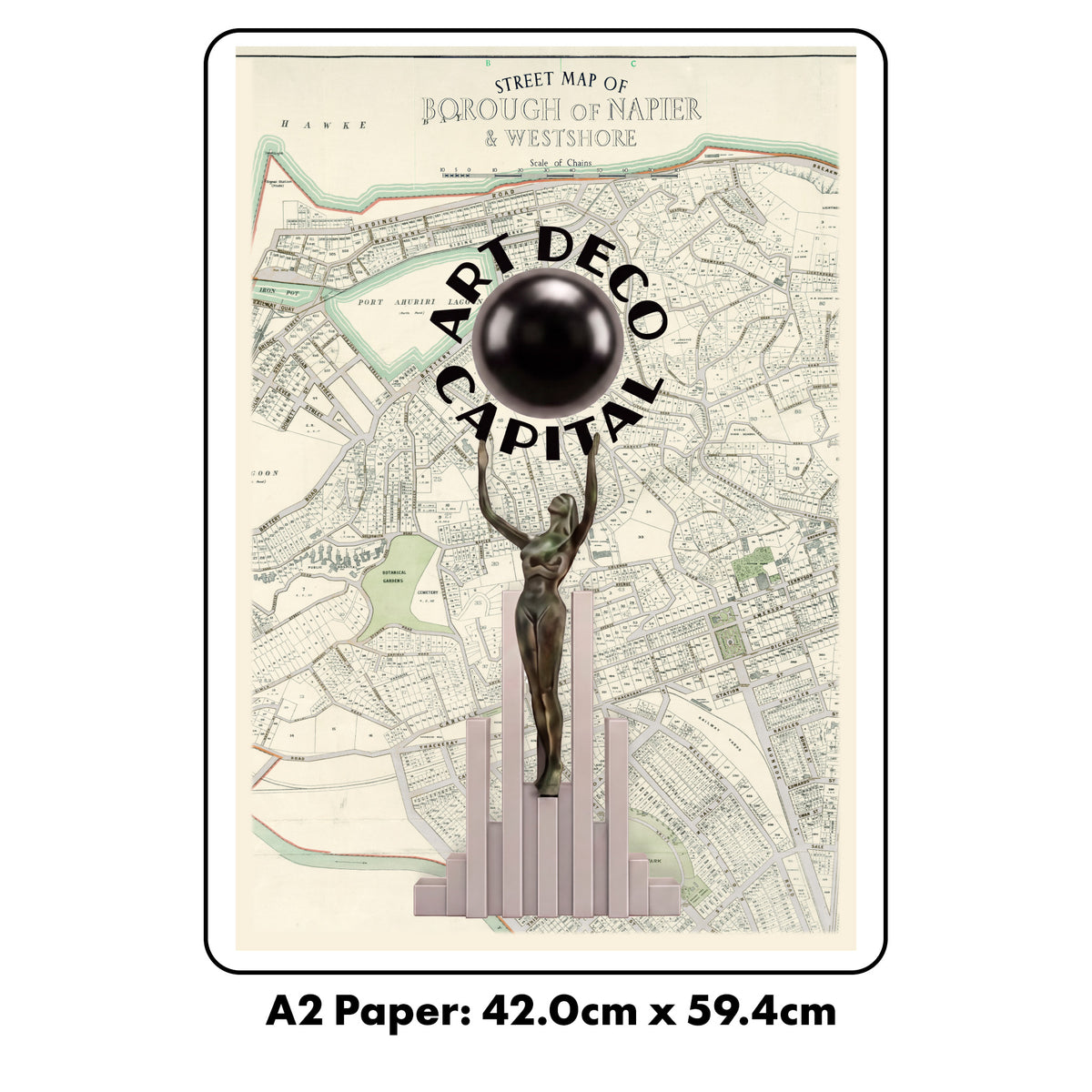 Art Deco Capital Limited edition Giclée map print of Napier, Hawke's Bay NZ v02 – toptownz