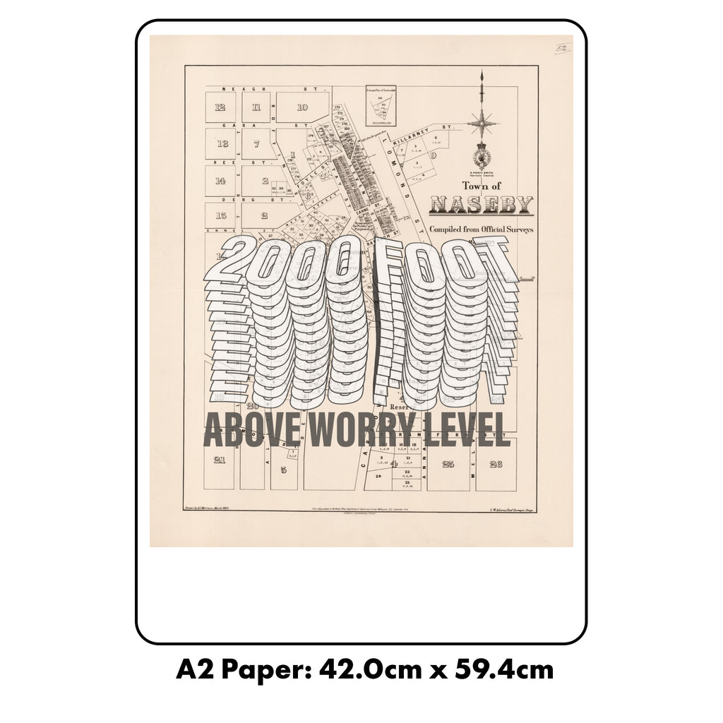 2000 Foot above worry level Limited edition Giclée map print of Naseby, Otago NZ – toptownz