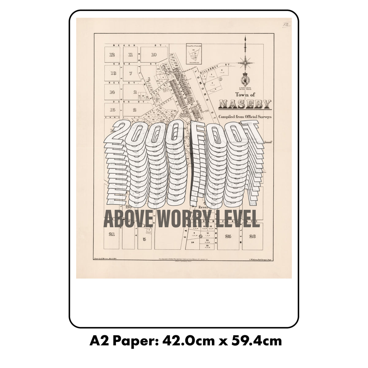 2000 Foot above worry level Limited edition Giclée map print of Naseby, Otago NZ – toptownz