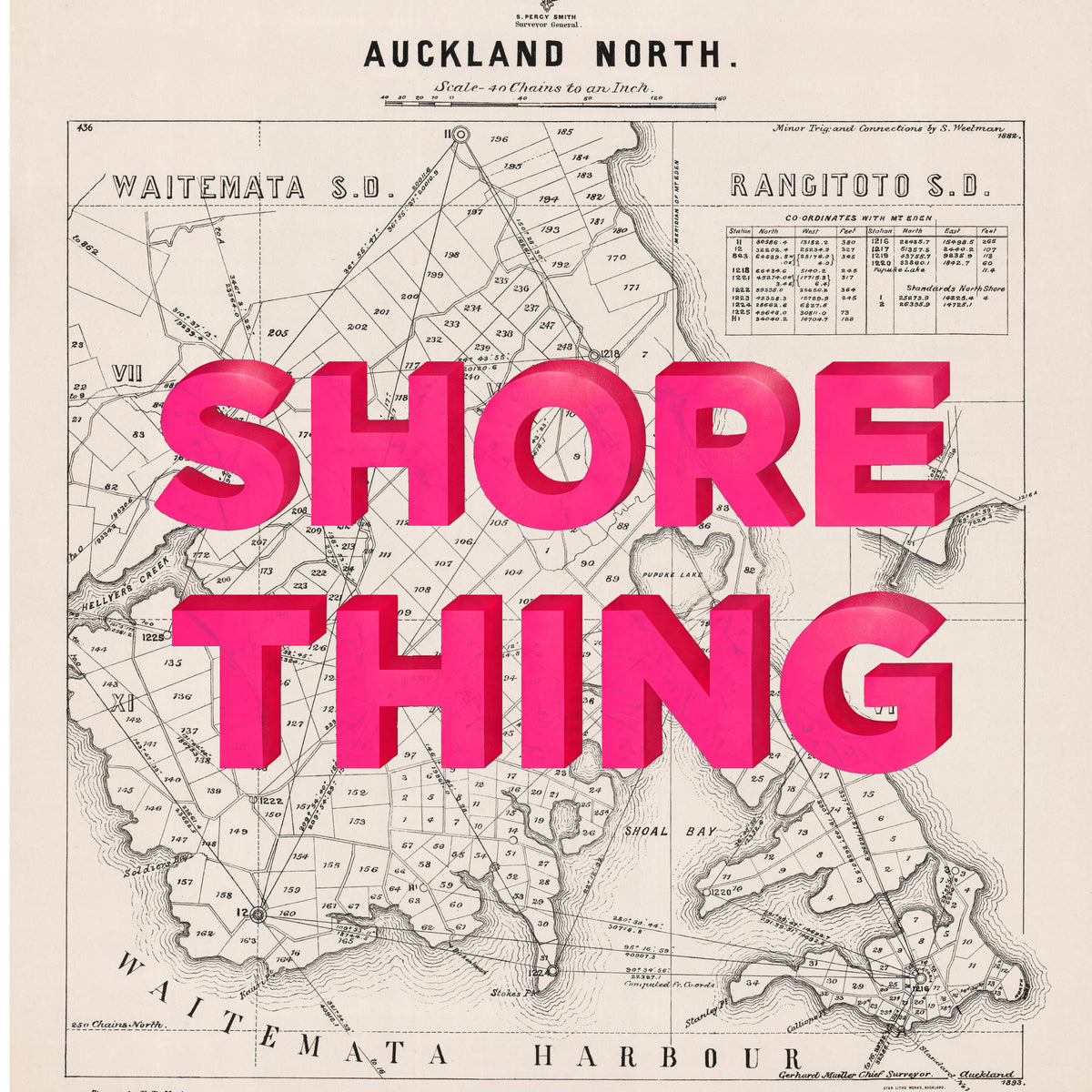SHORE THING Limited edition Giclée map print of North Shore, Auckland NZ – toptownz