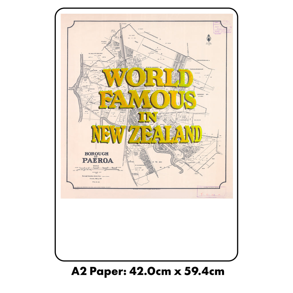 World Famous in New Zealand, Giclée map print of Pāeroa, Waikato NZ – toptownz Town Slogans