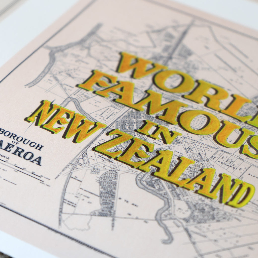 World Famous in New Zealand, Giclée map print of Pāeroa, Waikato NZ – toptownz Town Slogans