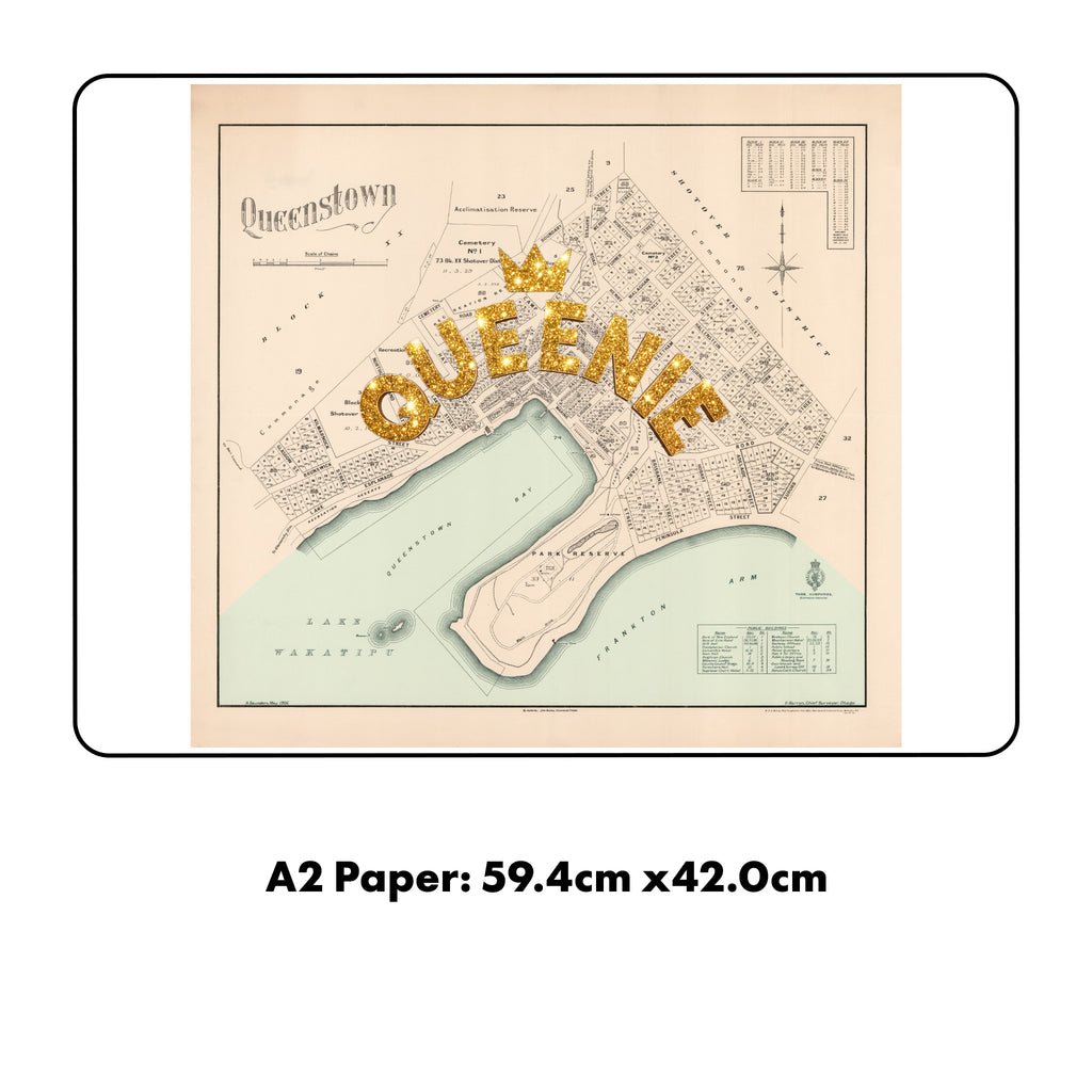 Queenie - Limited edition Giclée map print of Queenstown, Otago NZ v02 – toptownz