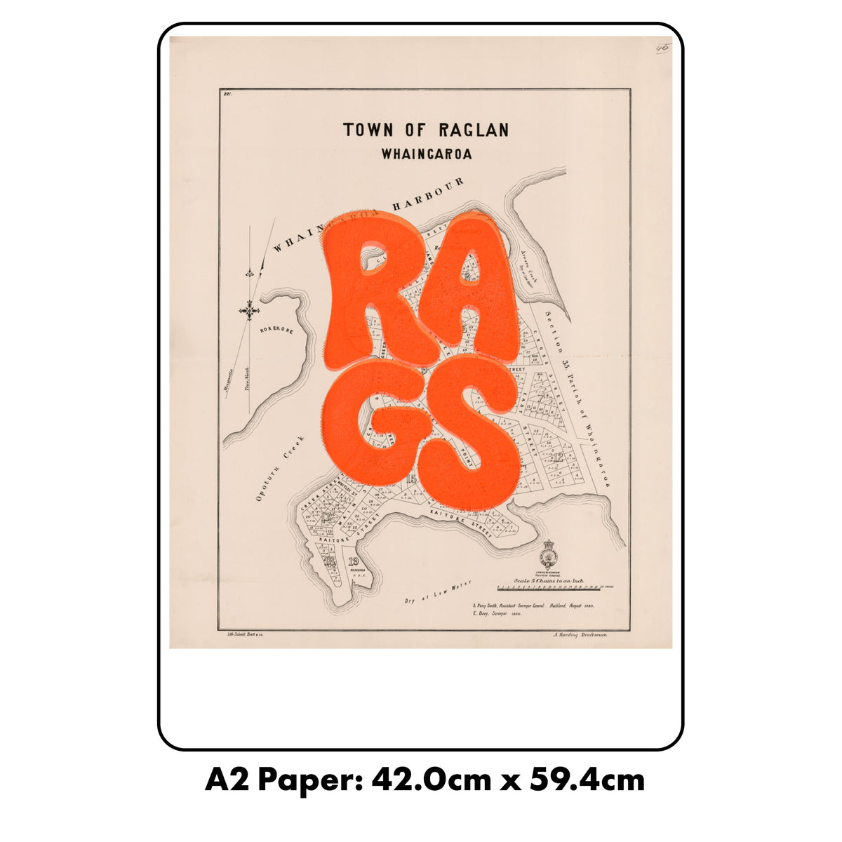 RAGS Limited edition Giclée map print of Raglan, Waikato NZ – toptownz