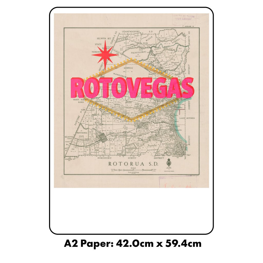 Rotovegas Limited edition Giclée map print of Rotorua, Bay of Plenty NZ v01 – toptownz