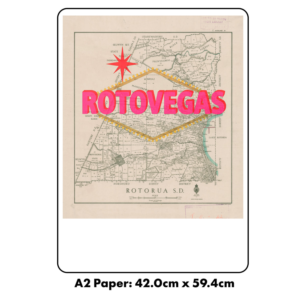 Rotovegas Limited edition Giclée map print of Rotorua, Bay of Plenty NZ v01 – toptownz