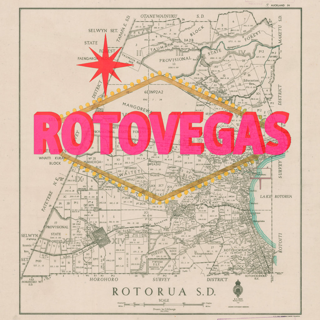 Rotovegas Limited edition Giclée map print of Rotorua, Bay of Plenty NZ v01 – toptownz