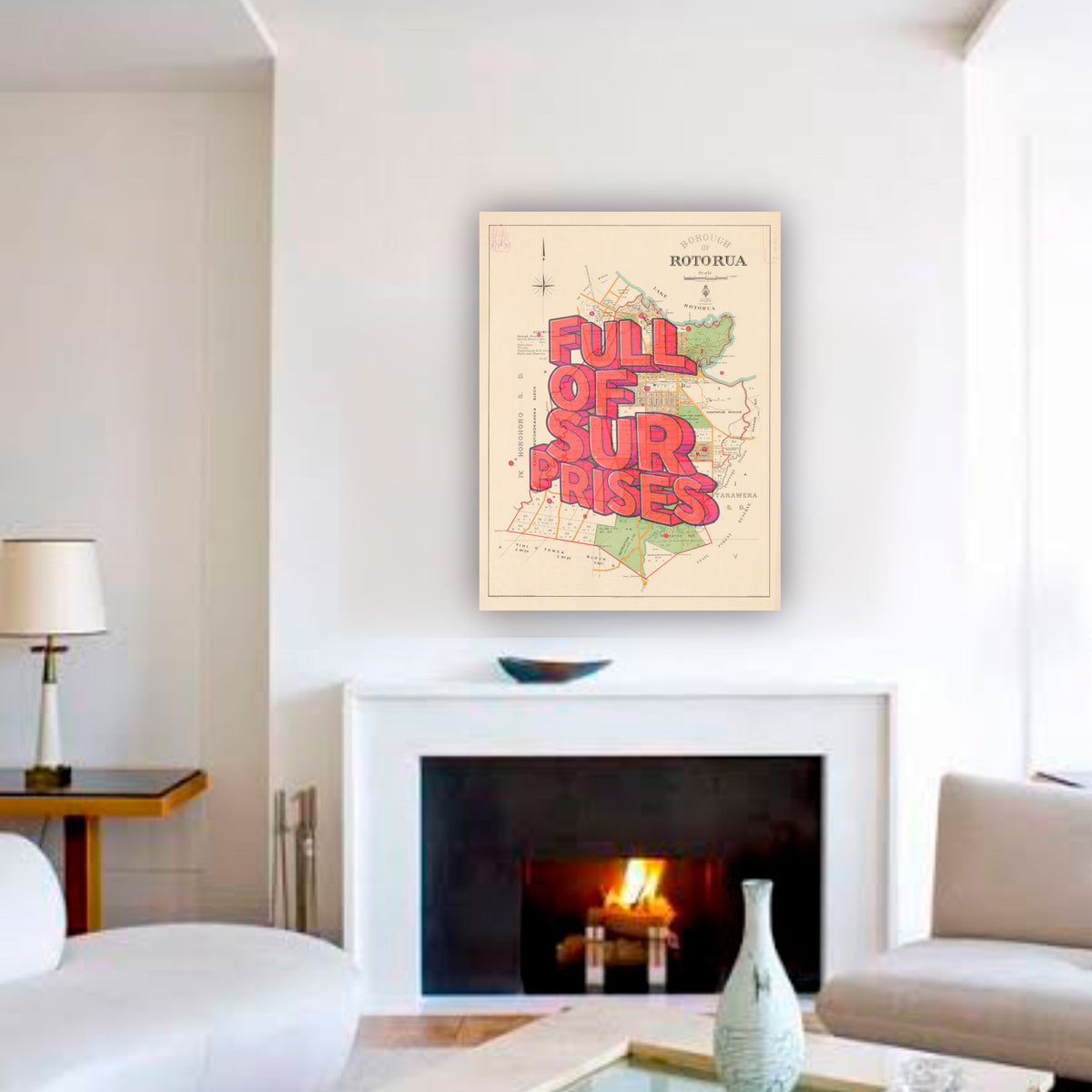 Rotorua - Full of surprises is a Limited edition Giclée map print of Rotorua, Bay of Plenty NZ v02 – toptownz
