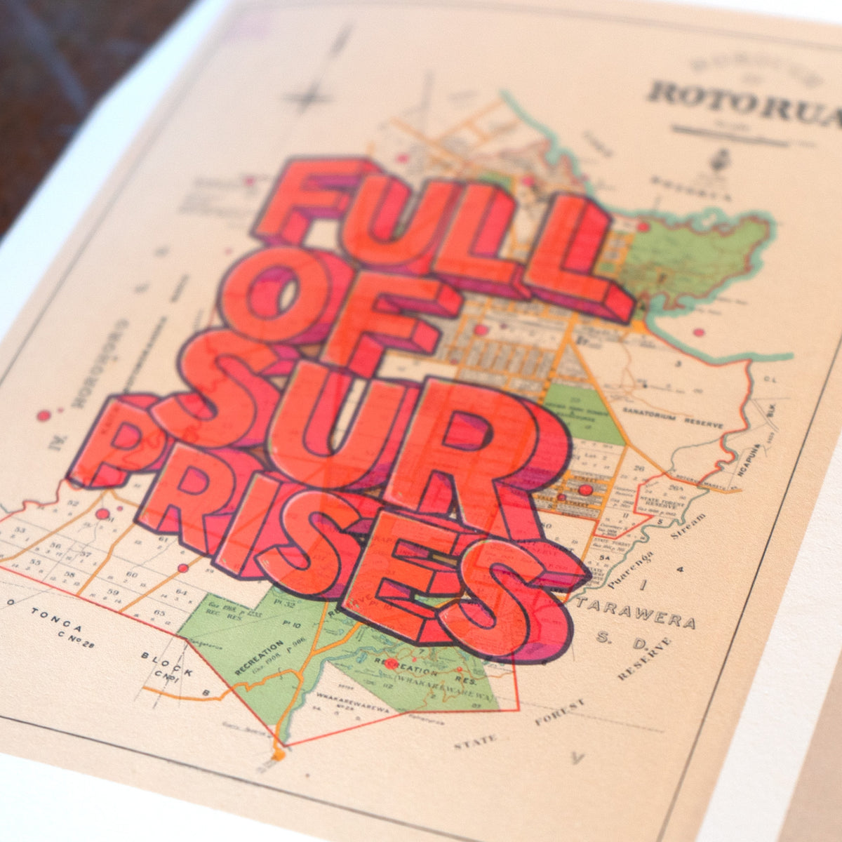 Rotorua - Full of surprises is a Limited edition Giclée map print of Rotorua, Bay of Plenty NZ v02 – toptownz