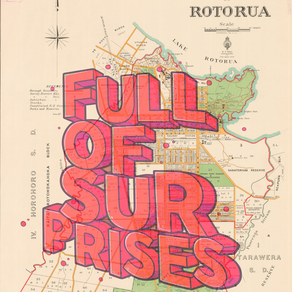 Rotorua - Full of surprises is a Limited edition Giclée map print of Rotorua, Bay of Plenty NZ v02 – toptownz