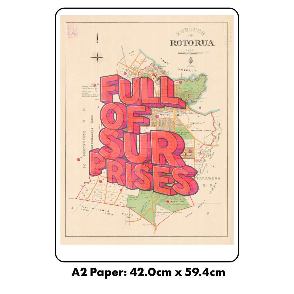 Rotorua - Full of surprises is a Limited edition Giclée map print of Rotorua, Bay of Plenty NZ v02 – toptownz