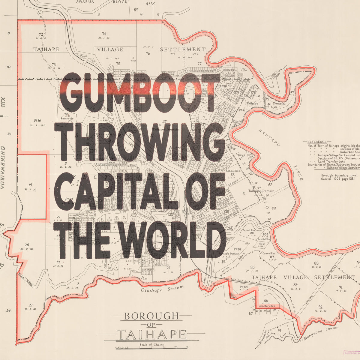 Gumboot Capital Ltd. Ed. Giclée map print of Taihape, Manawatū New Zealand Town Slogans