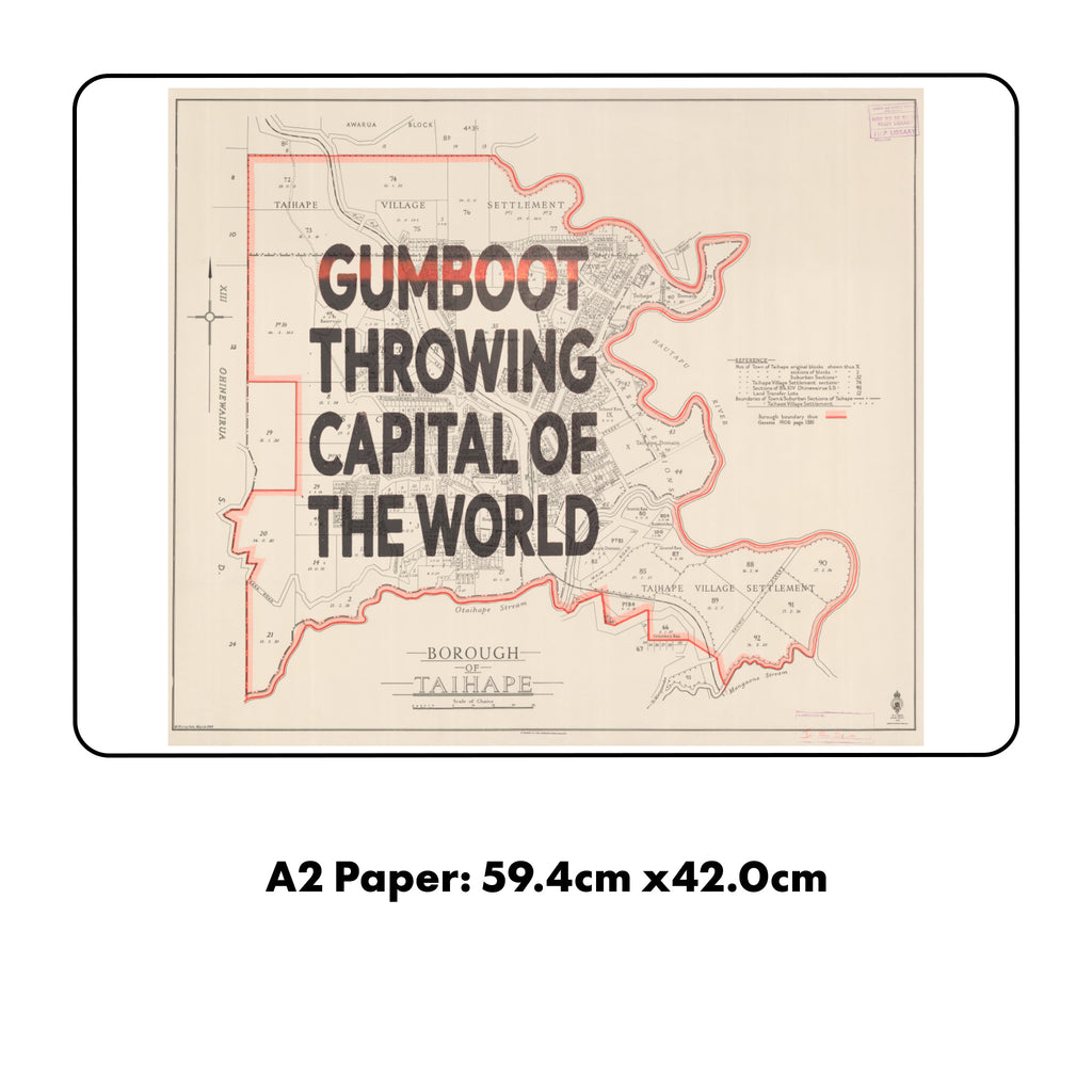 Gumboot Capital Ltd. Ed. Giclée map print of Taihape, Manawatū New Zealand Town Slogans