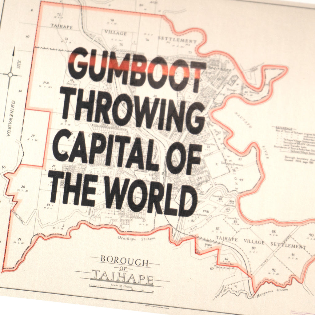 Gumboot Capital Ltd. Ed. Giclée map print of Taihape, Manawatū New Zealand Town Slogans