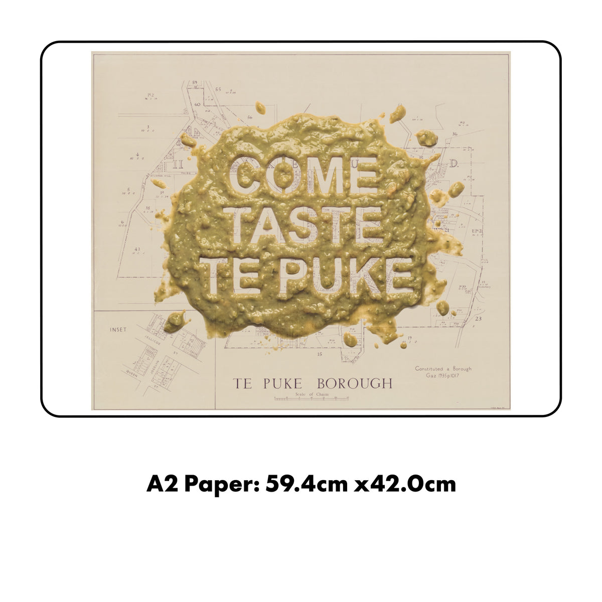 TEPUKE Ltd. Ed.  Giclée map print of Te Puke, Bay of Plenty New Zealand– toptownz Town Slogans